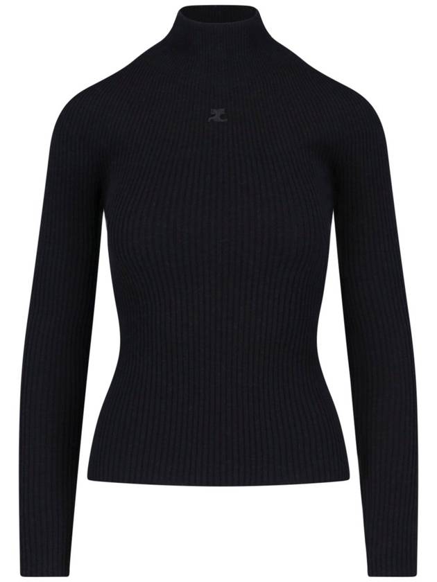 Iconic Logo Mock Neck Rib Long Sleeve Knit Top Black - COURREGES - BALAAN 2