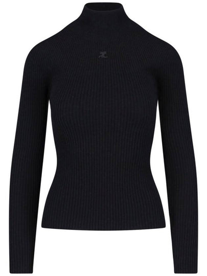 Iconic Logo Mock Neck Rib Long Sleeve Knit Top Black - COURREGES - BALAAN 2