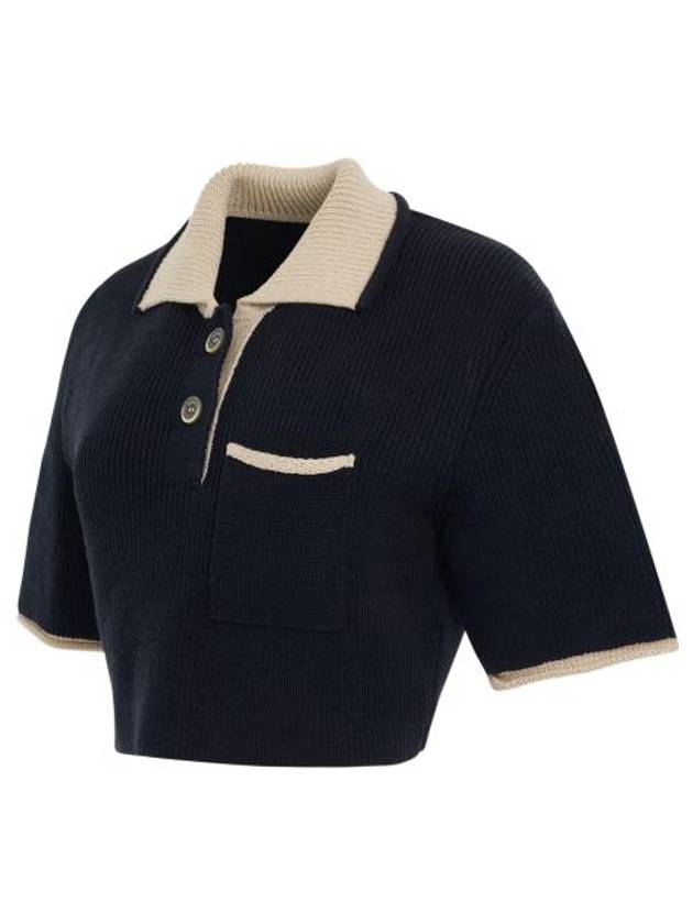 Le Maille Arco Contrasted Cropped Knit Polo Shirt Navy - JACQUEMUS - BALAAN 3