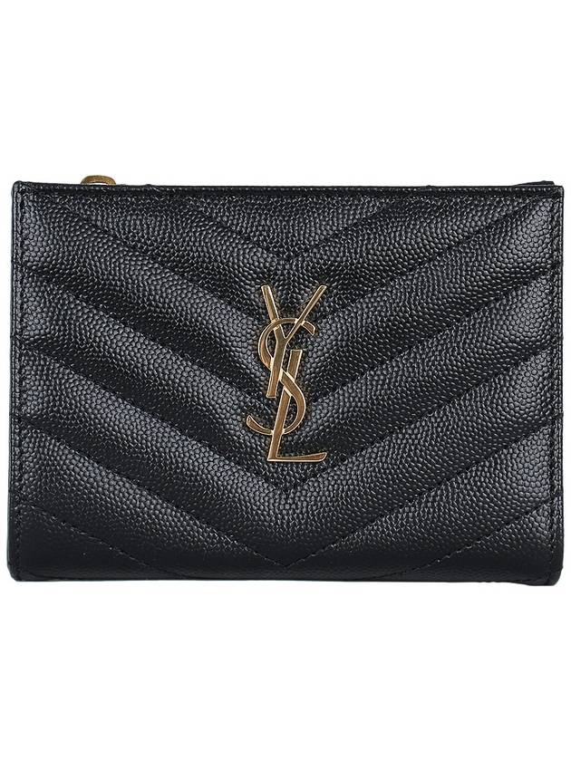 Grain Leather Quilted Stitch Card Wallet Black - SAINT LAURENT - BALAAN 3