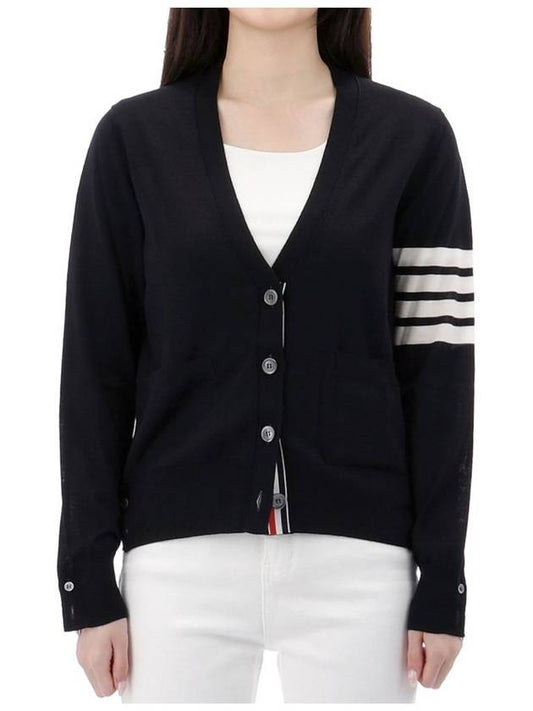 Sustainable Fine Merino Wool 4-Bar Relaxed Fit V-Neck Cardigan Navy - THOM BROWNE - BALAAN 2