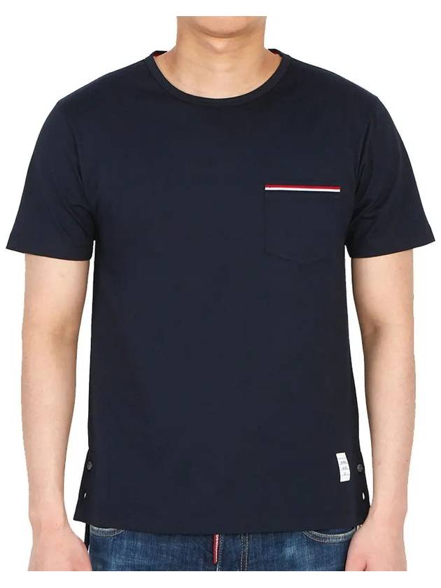 Men's Medium Weight Jersey Tipped Pocket Crewneck Short Short Sleeve T-Shirt Navy - THOM BROWNE - BALAAN 3