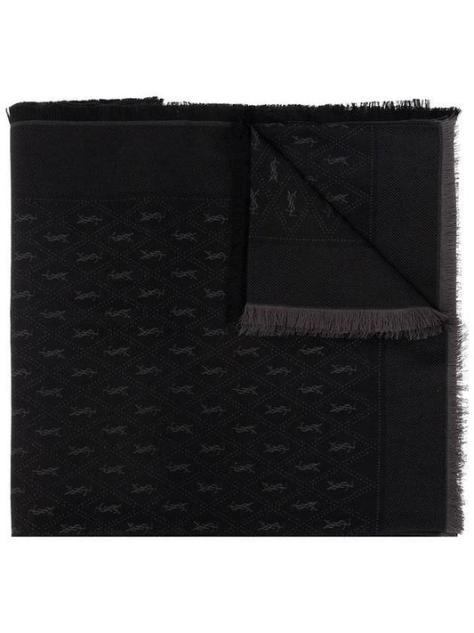 YSL Monogram Wool Jacquard Silk Cotton Large Muffler Black Dark Gray - SAINT LAURENT - BALAAN.