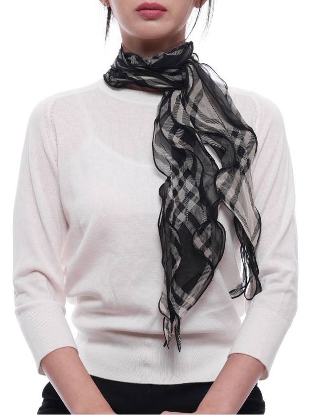 Check Ruffle Effect Silk Skinny Scarf Black - BURBERRY - BALAAN 4