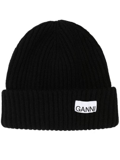 Logo Patch Knit Beanie Black - GANNI - BALAAN 2