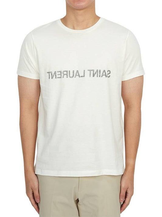 Reverse Logo Print Cotton Short Sleeve T-Shirt White - SAINT LAURENT - BALAAN 2