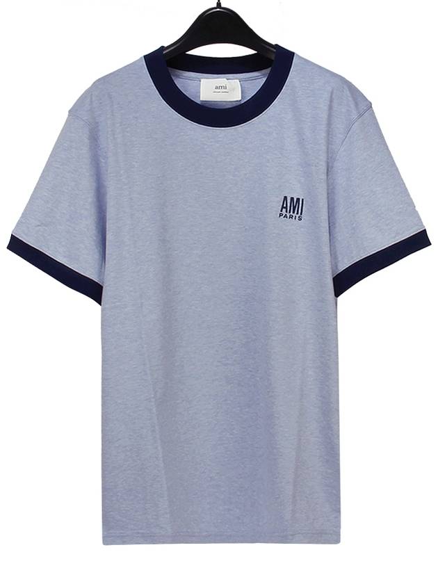 Men's Embroidered Logo Short Sleeve T-Shirt Blue - AMI - BALAAN 2