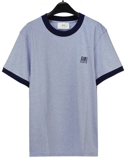 Men's Embroidered Logo Short Sleeve T-Shirt Blue - AMI - BALAAN 2