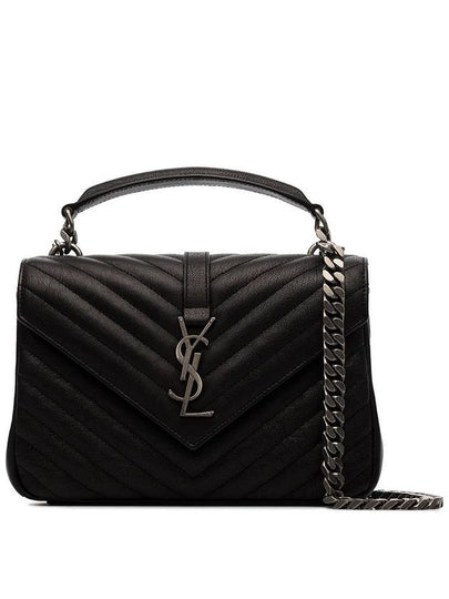 Silver Monogram College Medium Chain Crossbody Bag in Matelasse Leather Black - SAINT LAURENT - BALAAN 2