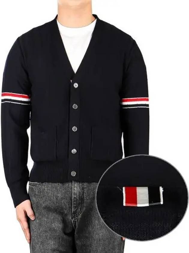 RWB V-neck Striped Virgin Wool Cardigan Navy - THOM BROWNE - BALAAN 2