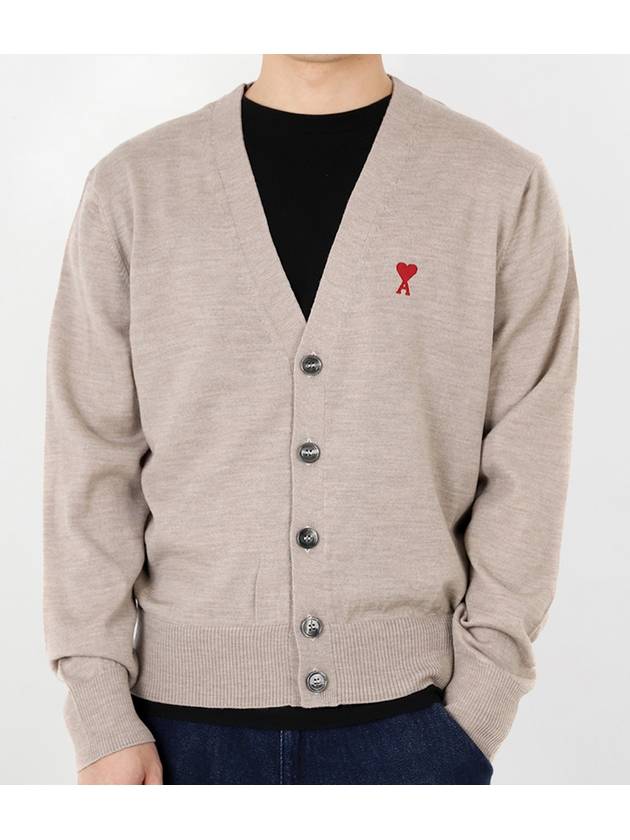 Red Heart Logo Merino Wool Cardigan Beige - AMI - BALAAN 2