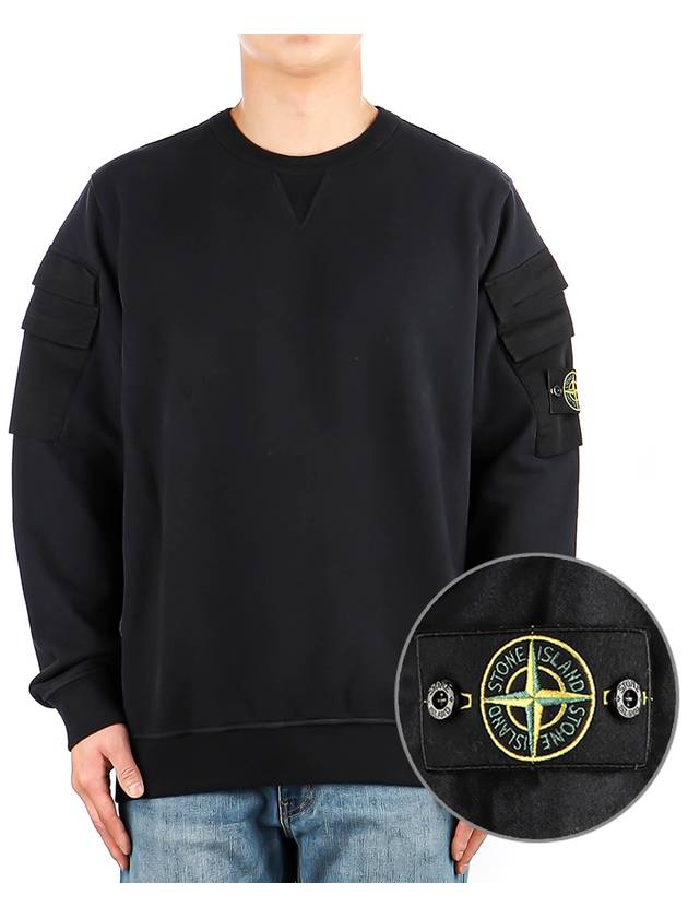 Garment Dyed Double Pocket Brushed Cotton Fleece Sweatshirt Navy - STONE ISLAND - BALAAN 2