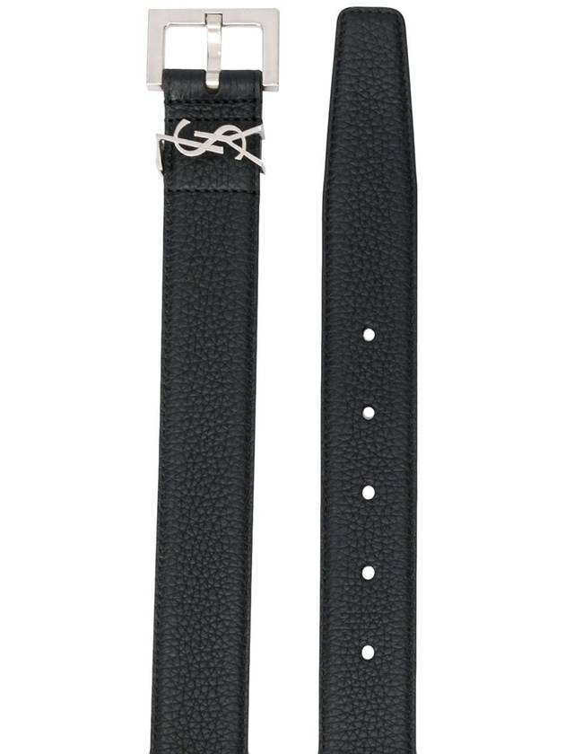 Grained Leather Silver Monogram Belt Black - SAINT LAURENT - BALAAN 3