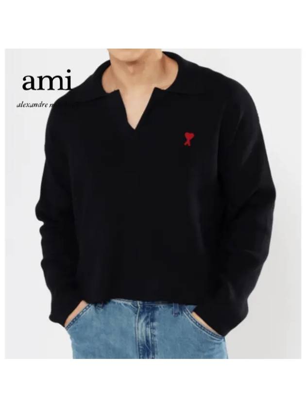 De Coeur Small Heart Logo Polo Knit Top Black - AMI - BALAAN 2