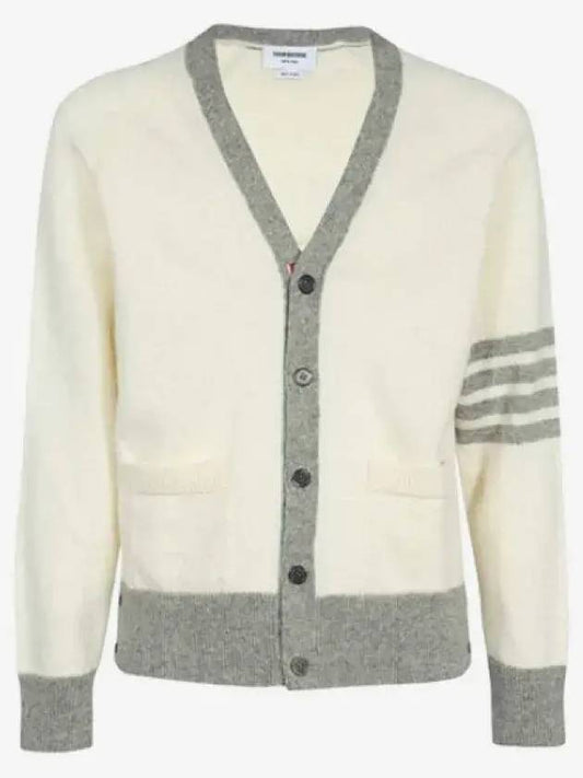 V-Neck 4-Bar Wool Cardigan White - THOM BROWNE - BALAAN 2