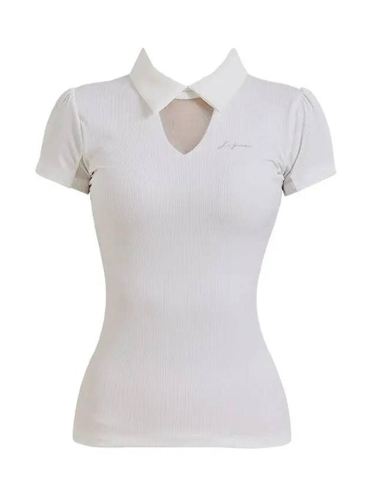 Golf Wear See-through Neckline Short Sleeve T-Shirt White - J JANE - BALAAN 2