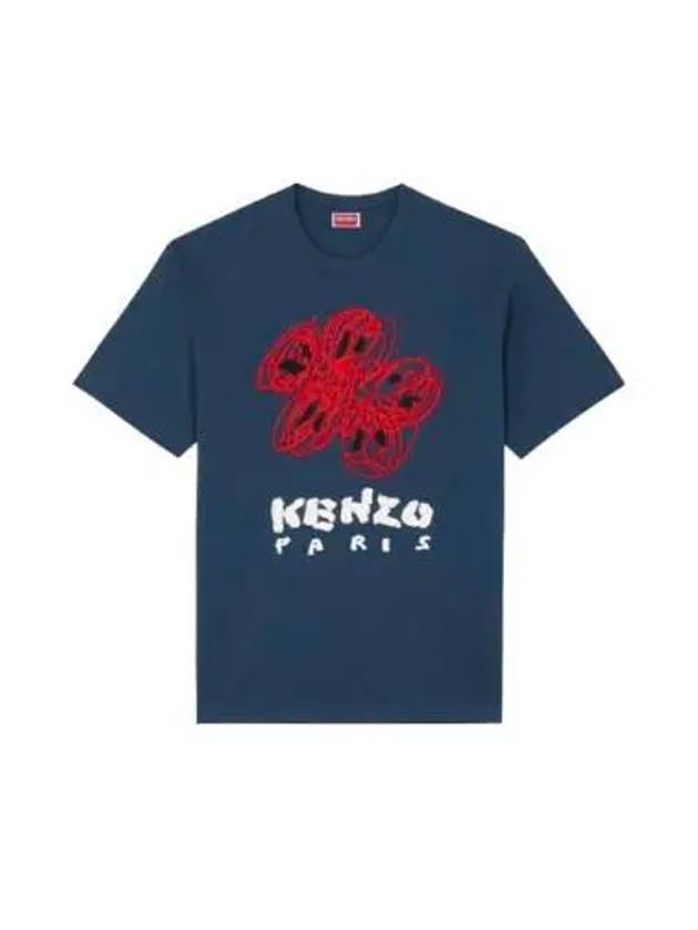 Drawn Varsity Embroidered Classic Cotton T-Shirt Midnight Blue - KENZO - BALAAN 2