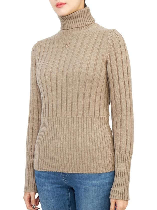 Ribbed Knit Turtleneck Beige Turf Melange - TORY BURCH - BALAAN 3