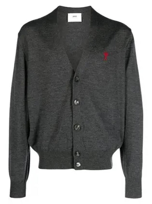 Red Heart Logo Merino Wool Cardigan Heather Grey - AMI - BALAAN 2