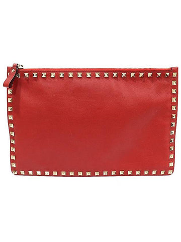 PW2P0269BOL Red Calfskin Gold Plated Rockstud Pouch Clutch - VALENTINO - BALAAN 1