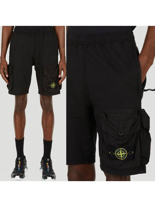 Men's Waffen Patch Cotton Fleece Bermuda Shorts Black - STONE ISLAND - BALAAN 2