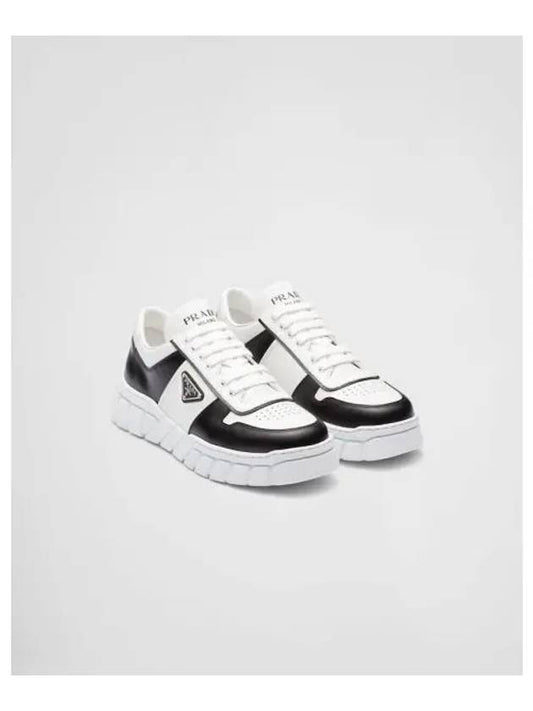 Triangle Logo Leather Low Top Sneakers Black White - PRADA - BALAAN 2