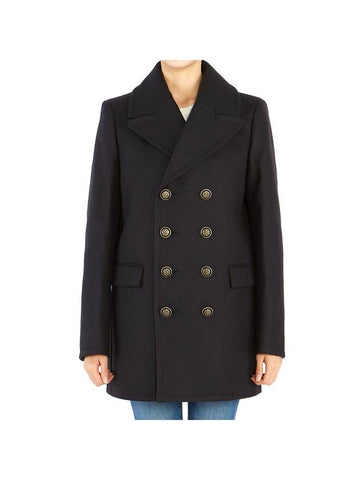 Women's Double Breasted Wool Pea Coat Navy - SAINT LAURENT - BALAAN 1