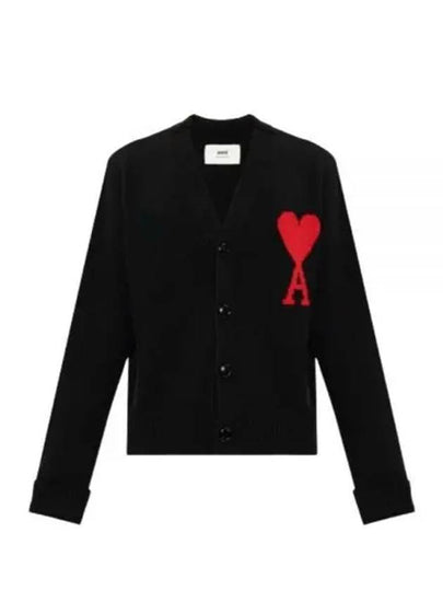 Intarsia Big Heart Logo Oversized Virgin Wool Cardigan Black - AMI - BALAAN 2