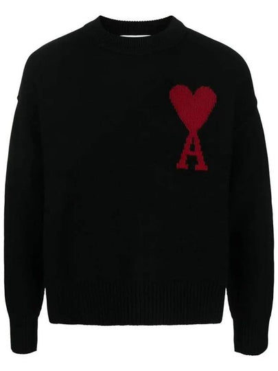 Intarsia Big Heart Logo Wool Knit Top Black - AMI - BALAAN 2