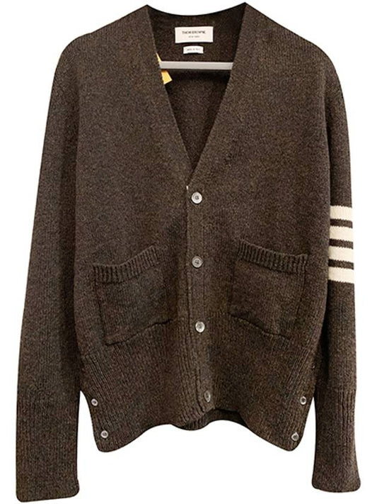 Men's Dark Green Stitch Classic Shetland Wool V-neck Cardigan - THOM BROWNE - BALAAN.