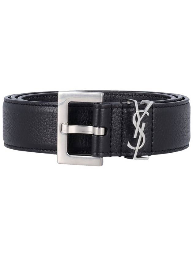 Grained Leather Silver Monogram Belt Black - SAINT LAURENT - BALAAN 2