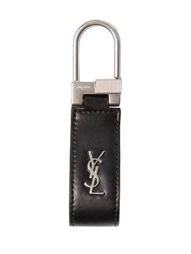 Silver Hardware Mini Monogram Leather Key Holder Black - SAINT LAURENT - BALAAN 3