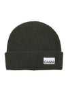 Logo Patch Ribbed Knit Beanie Khaki - GANNI - BALAAN 2