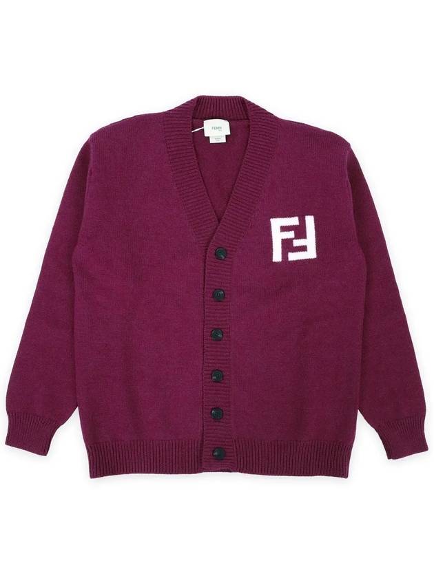 Kids FF Logo V-Neck Cardigan Burgundy - FENDI - BALAAN 4