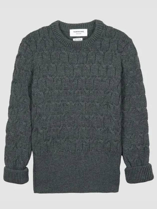 Merino Crisscross Cable Stitch Crewneck Knit Top Grey - THOM BROWNE - BALAAN 2