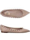 Rockstud Pointed Toe Calf Leather Ballerina Flats Beige - VALENTINO - BALAAN 2