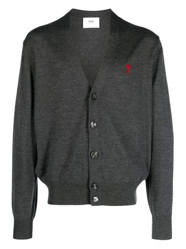 Red Heart Logo Merino Wool Cardigan Heather Grey - AMI - BALAAN 2