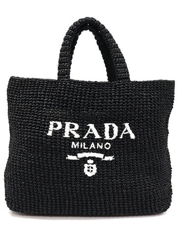 1BG392 Black Raffia Effect Lettering Logo Embroidered Crochet Tote Bag - PRADA - BALAAN 1