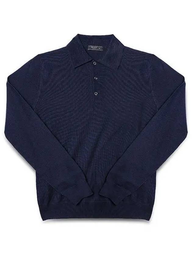 Men's Button Collar Wool Polo Knit Top Navy - PRADA - BALAAN 2