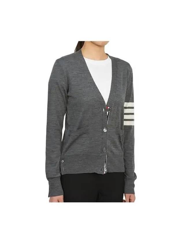 Sustainable Fine Merino Wool 4-Bar Relaxed Fit V-Neck Cardigan Medium Grey - THOM BROWNE - BALAAN 6