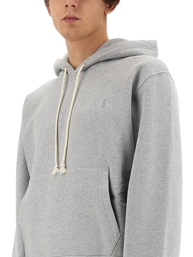 Cassandre Embroidered Monogram Cotton Hoodie Grey - SAINT LAURENT - BALAAN 5