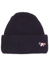 Tricolor Fox Patch Ribbed Beanie Navy - MAISON KITSUNE - BALAAN.