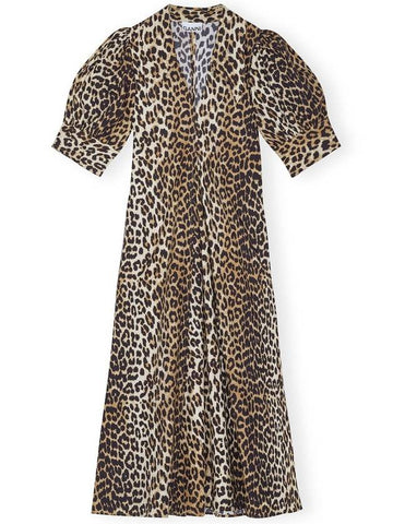 Leopard Cotton Poplin V neck Dress F8842 - GANNI - BALAAN 1