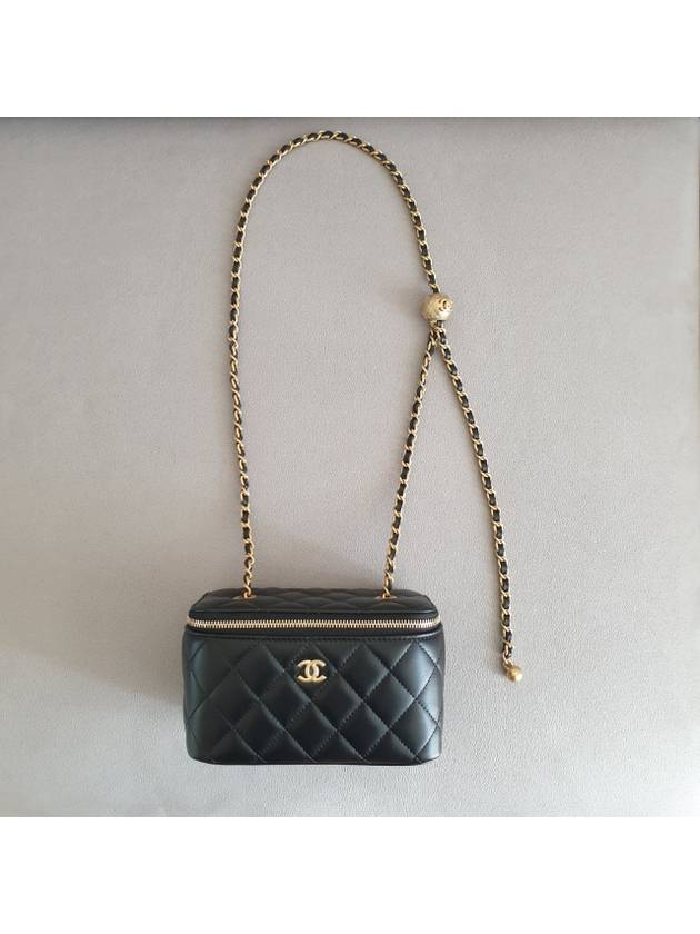 Gold Ball Vanity Bag Rectangular Cosmetic Case Chain Lamb Skin Black Plated AP2303 - CHANEL - BALAAN 10