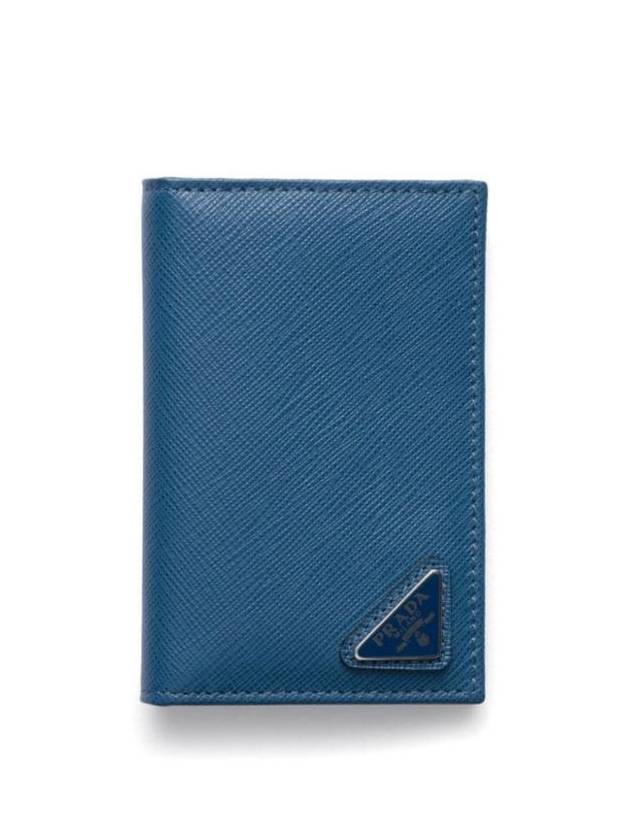 Saffiano Triangular Logo Flap Card Wallet Blue - PRADA - BALAAN 1