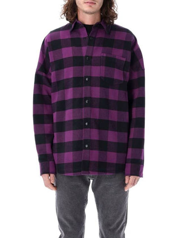 Logo Print Check Long Sleeve Shirt Purple - PALM ANGELS - BALAAN 1