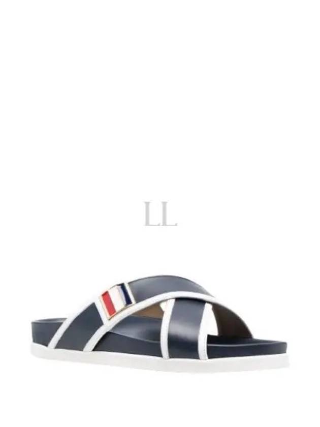 Vitello Calfskin Leather Enamel Buckle Criss Cross Sandal Navy - THOM BROWNE - BALAAN 2