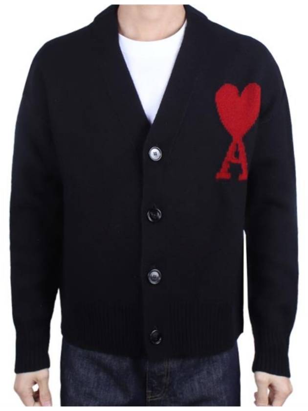 Heart Logo V Neck Wool Cardigan Black - AMI - BALAAN 4