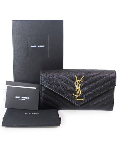 Saint Laurent 372264 Black Grande Poudre Textured Matelasse Monogram Gold Flap Long Wallet - SAINT LAURENT - BALAAN 1