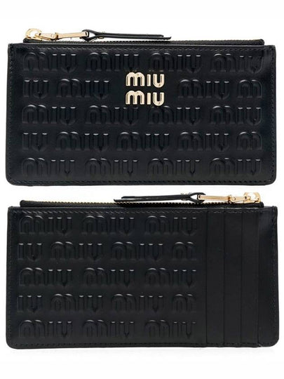 Embossed Lettering Logo Leather Envelope Card Wallet Black - MIU MIU - BALAAN 2